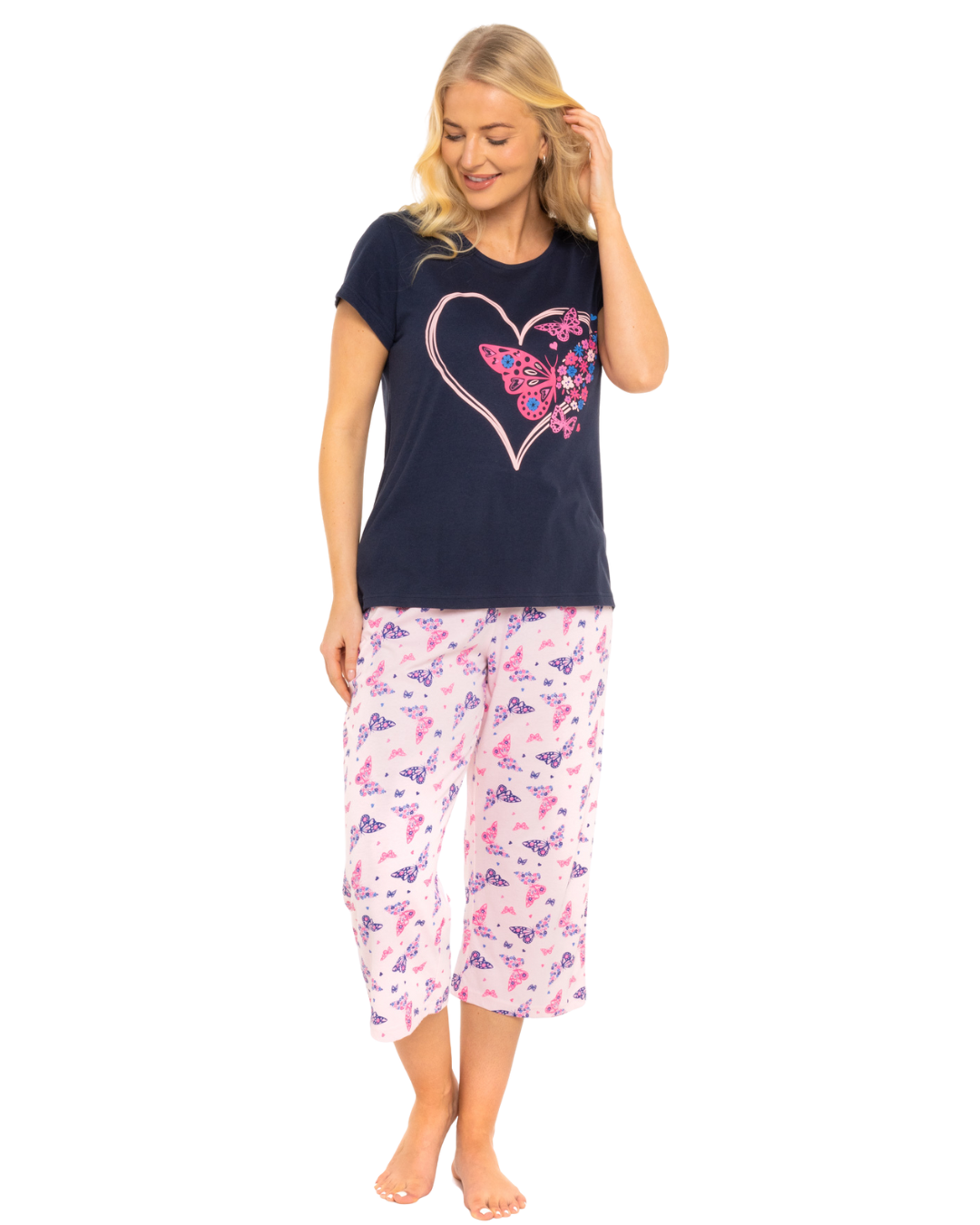 Navy Summer Heart Women's 100% Cotton Short Sleeved Cropped Leg Pyjamas