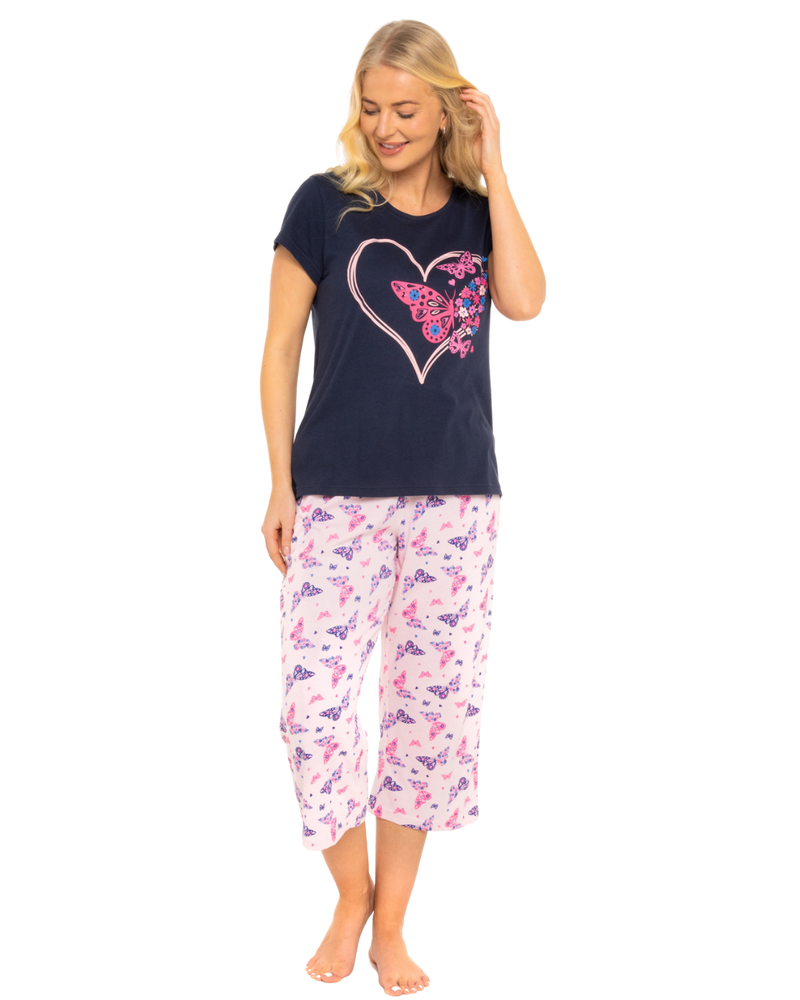 Navy Summer Heart Women's 100% Cotton Short Sleeved Cropped Leg Pyjamas