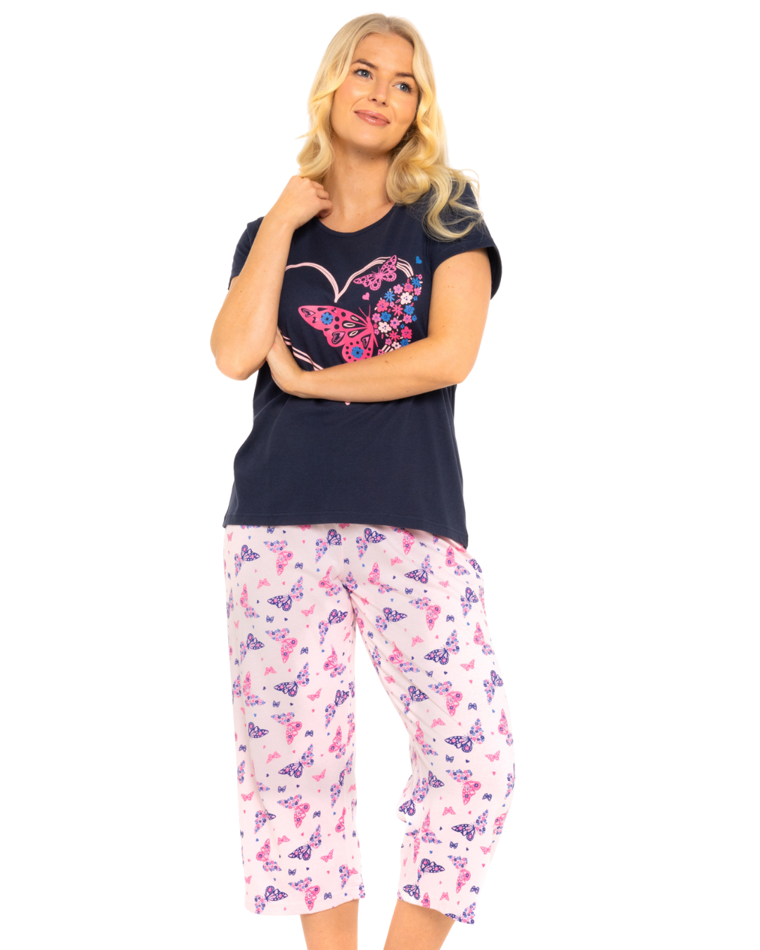 Navy Summer Heart Women's 100% Cotton Short Sleeved Cropped Leg Pyjamas