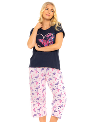 Navy Summer Heart Women's 100% Cotton Short Sleeved Cropped Leg Pyjamas