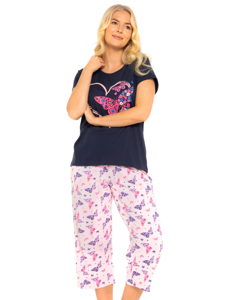 Navy Summer Heart Women's 100% Cotton Short Sleeved Cropped Leg Pyjamas