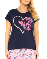 Navy Summer Heart Women's 100% Cotton Short Sleeved Cropped Leg Pyjamas