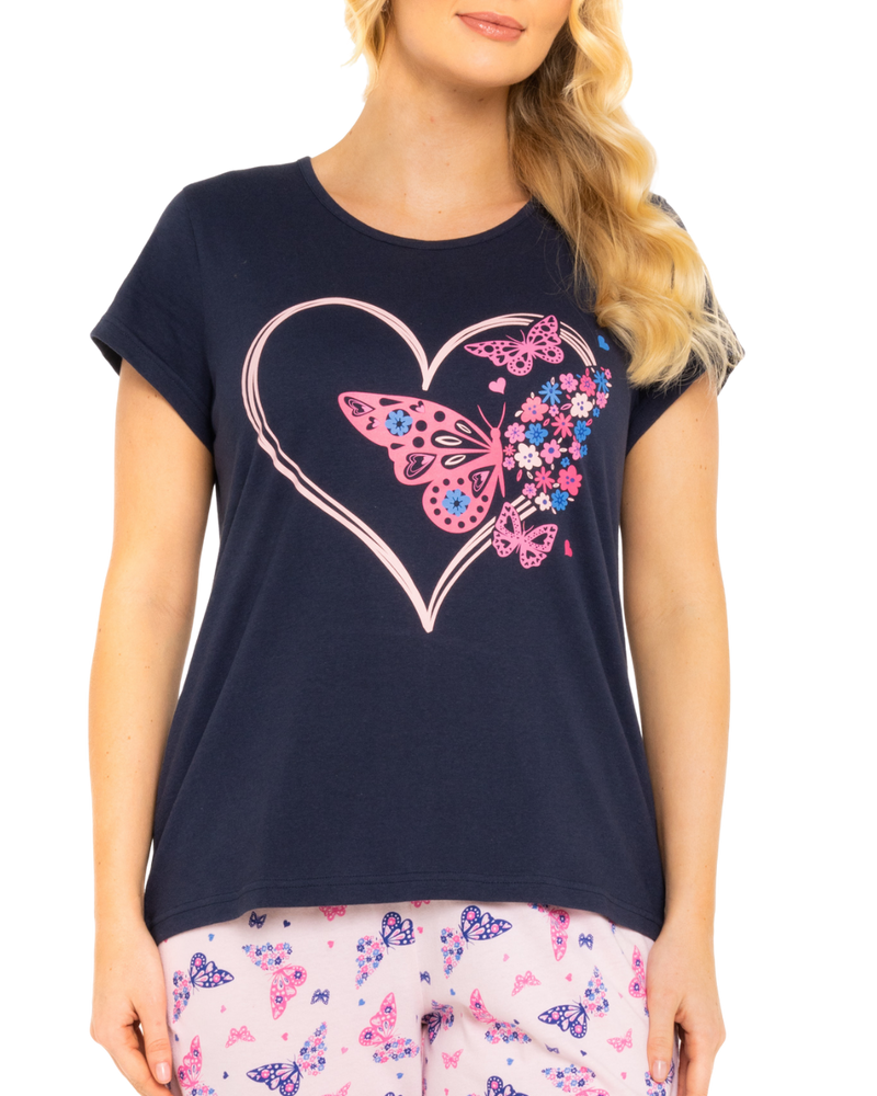 Navy Summer Heart Women's 100% Cotton Short Sleeved Cropped Leg Pyjamas