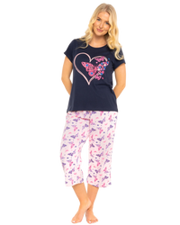 Navy Summer Heart Women's 100% Cotton Short Sleeved Cropped Leg Pyjamas
