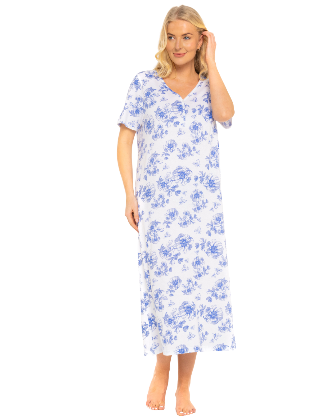 China Blue Floral 100% Cotton Plus Size Nightdress
