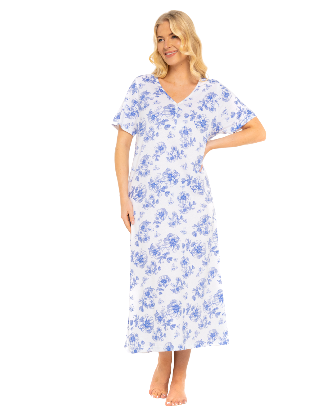 China Blue Floral 100% Cotton Plus Size Nightdress