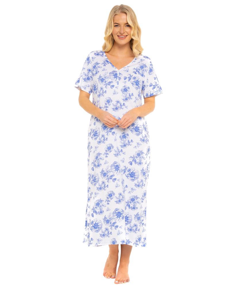 China Blue Floral 100% Cotton Plus Size Nightdress