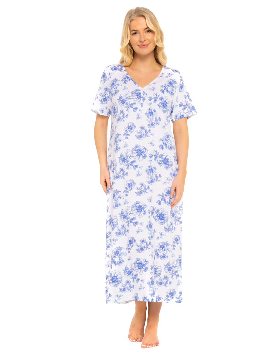 China Blue Floral 100% Cotton Plus Size Nightdress