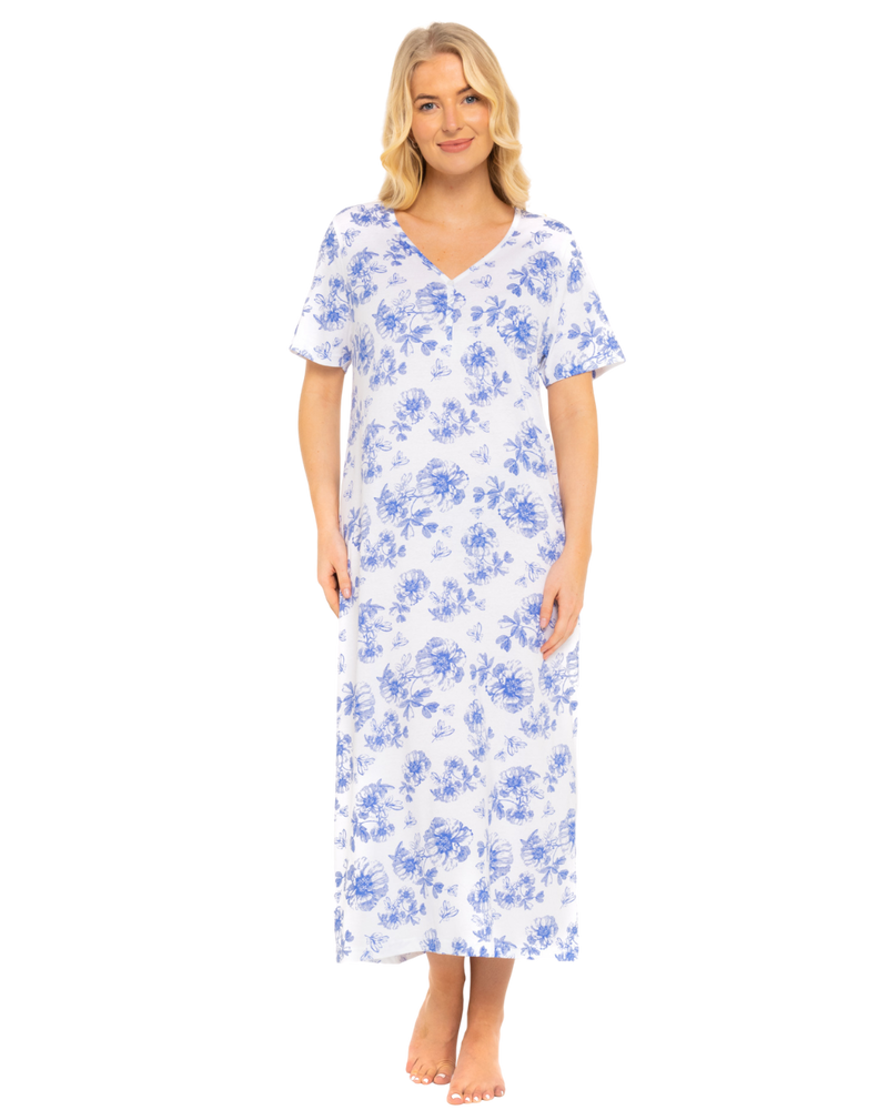 China Blue Floral 100% Cotton Plus Size Nightdress