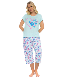 Women's Turquoise Summer Heart 100% Cotton Short Sleeved Cropped Leg Pyjamas