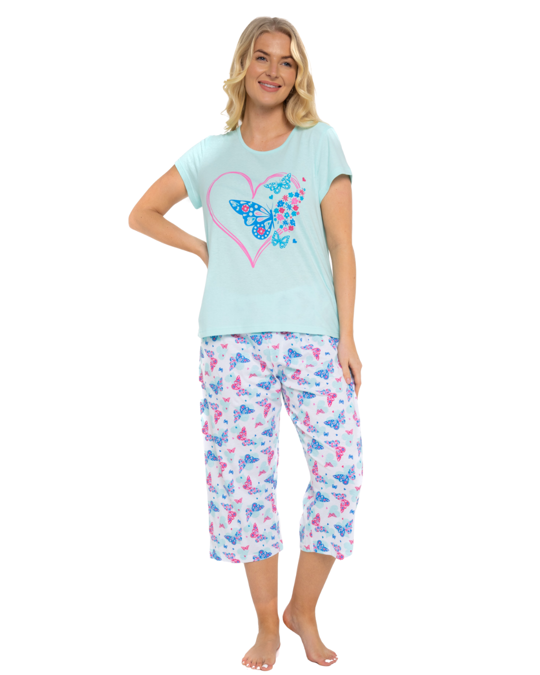Turquoise Summer Heart 100% Cotton Short Sleeved Cropped Leg Pyjamas