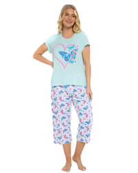 Women's Turquoise Summer Heart 100% Cotton Short Sleeved Cropped Leg Pyjamas