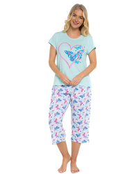 Women's Turquoise Summer Heart 100% Cotton Short Sleeved Cropped Leg Pyjamas