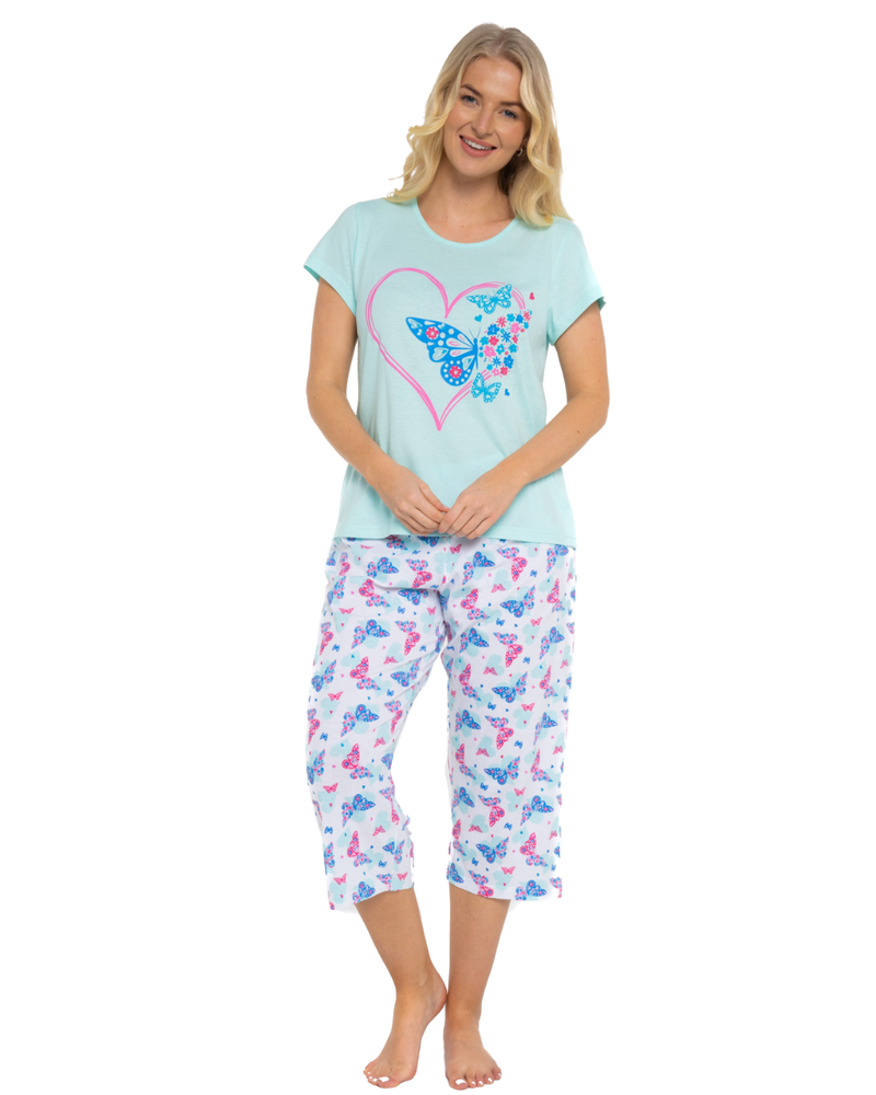Women's Turquoise Summer Heart 100% Cotton Short Sleeved Cropped Leg Pyjamas