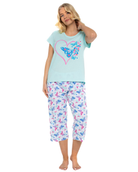 Women's Turquoise Summer Heart 100% Cotton Short Sleeved Cropped Leg Pyjamas