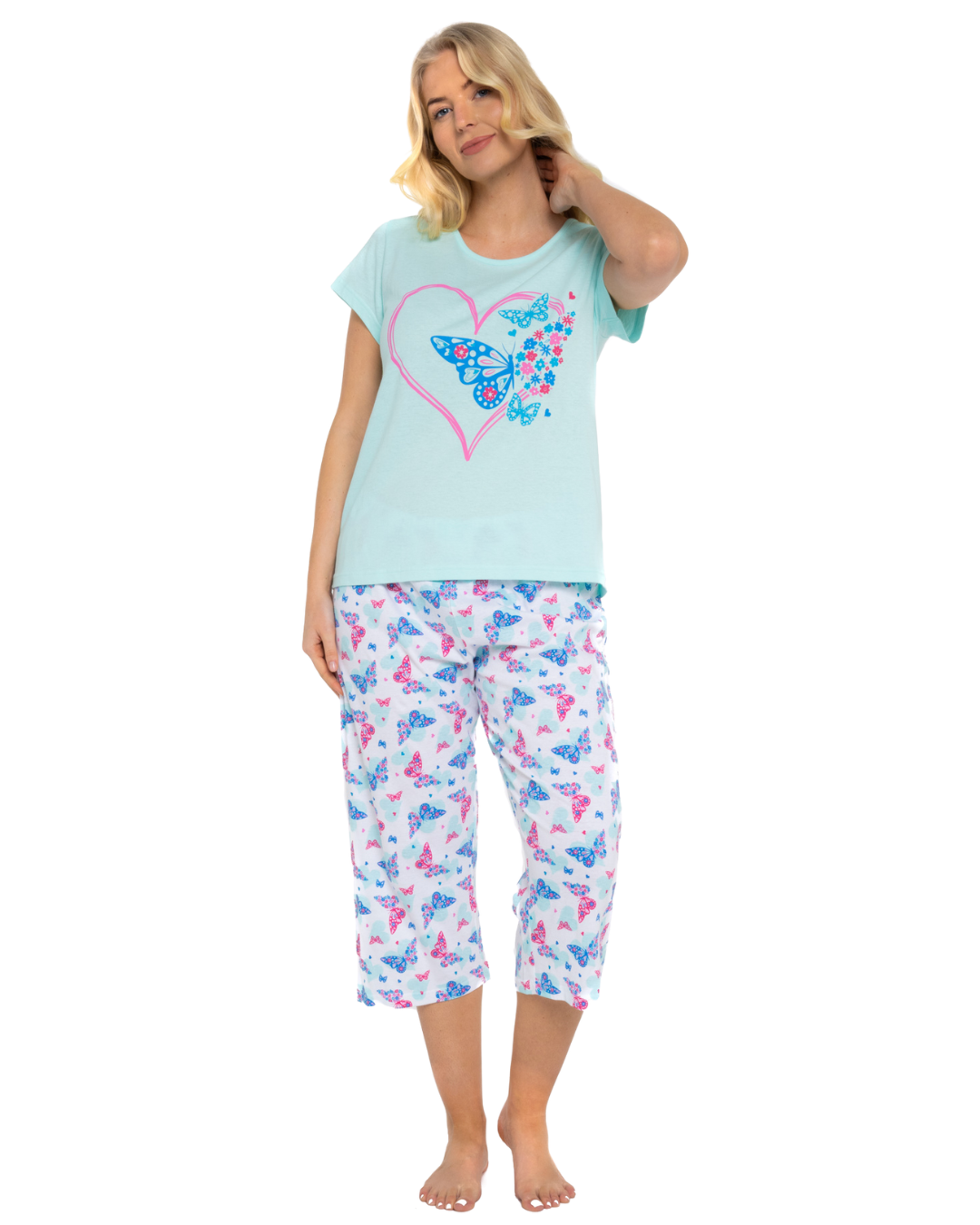 Women's Turquoise Summer Heart 100% Cotton Short Sleeved Cropped Leg Pyjamas