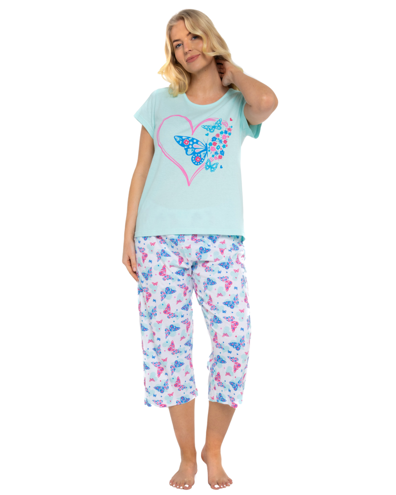 Women's Turquoise Summer Heart 100% Cotton Short Sleeved Cropped Leg Pyjamas