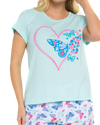 Women's Turquoise Summer Heart 100% Cotton Short Sleeved Cropped Leg Pyjamas