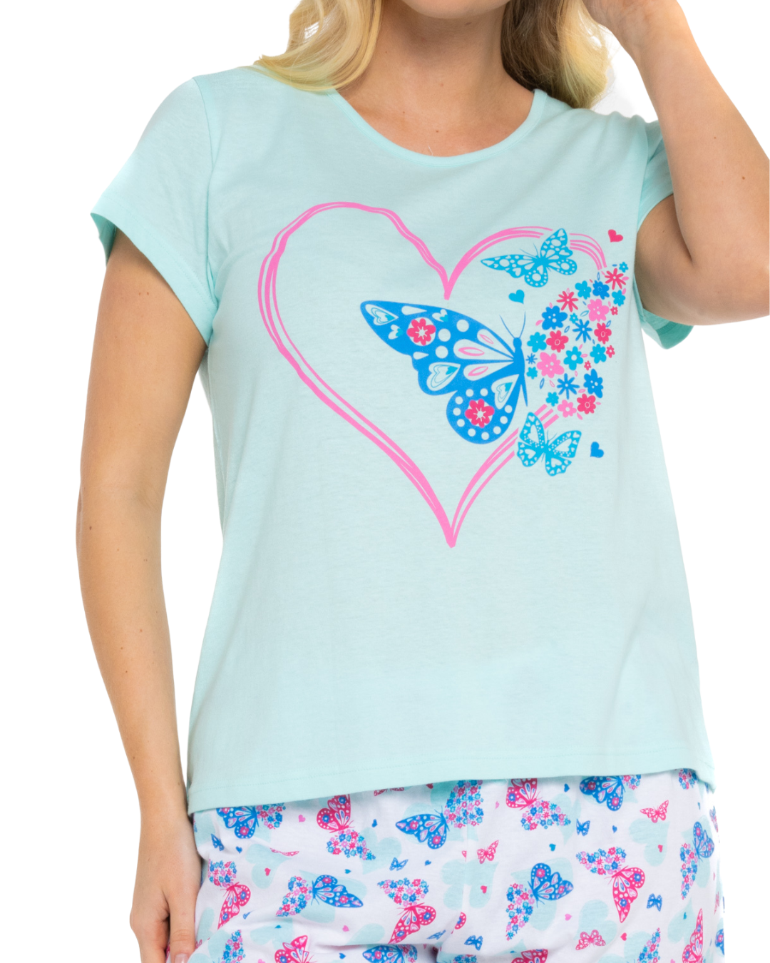 Women's Turquoise Summer Heart 100% Cotton Short Sleeved Cropped Leg Pyjamas