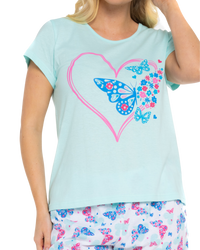 Women's Turquoise Summer Heart 100% Cotton Short Sleeved Cropped Leg Pyjamas