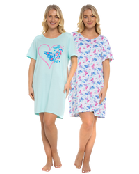 Women's 100% Cotton Pack of 2 Turquoise Summer Heart Nightshirts