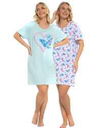 Women's 100% Cotton Pack of 2 Turquoise Summer Heart Nightshirts
