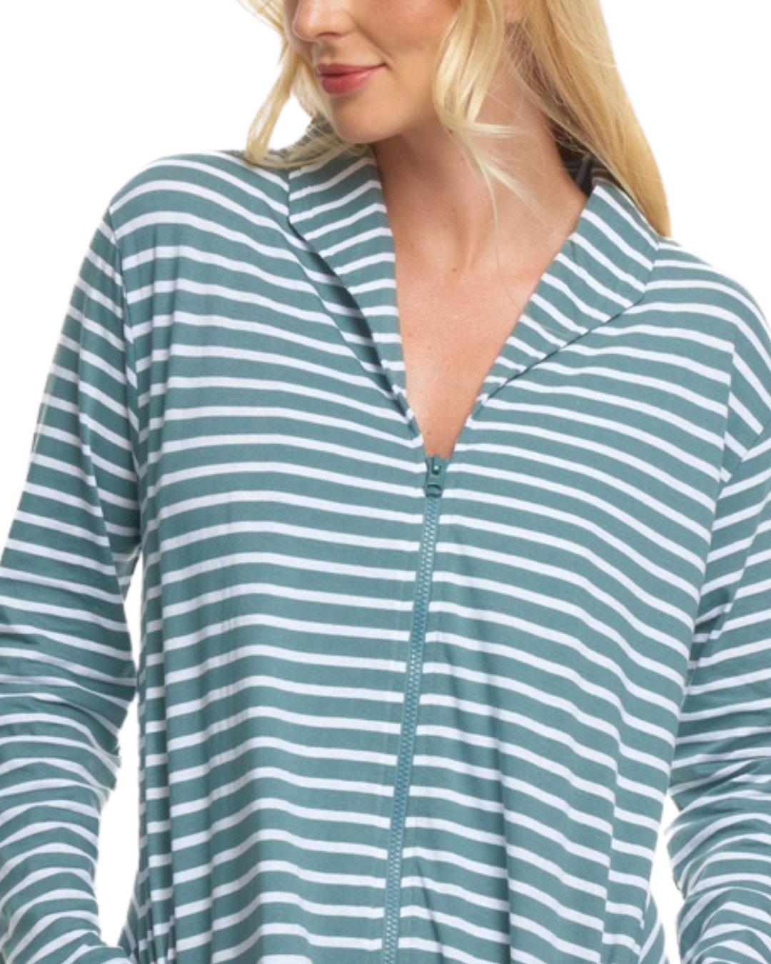Women's 100% Cotton Lightweight Stripe Zip Dressing Gown with Side Pockets