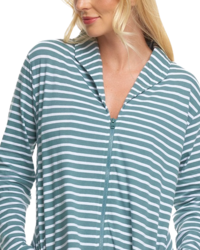 Women's 100% Cotton Lightweight Stripe Zip Dressing Gown with Side Pockets