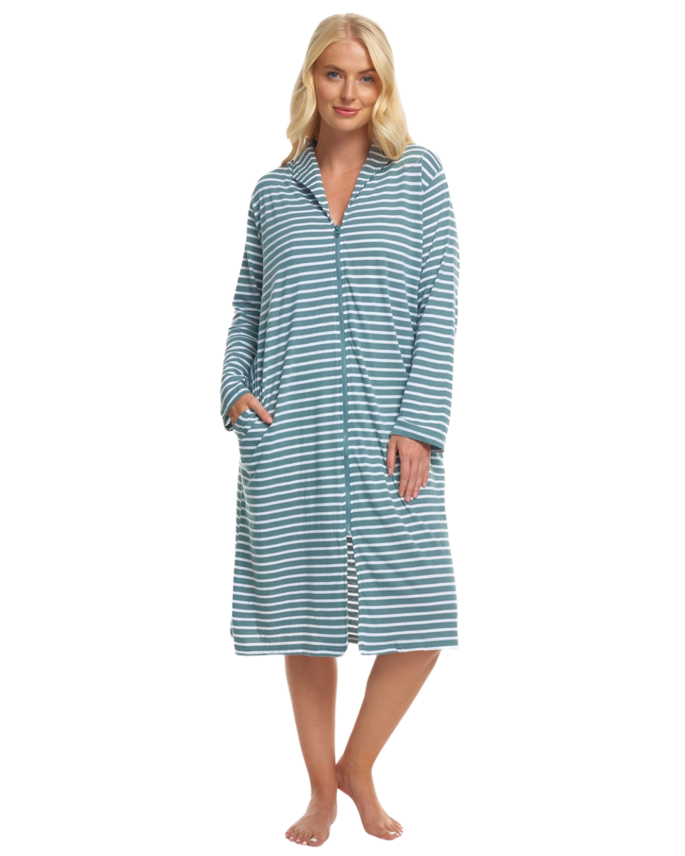 Women's 100% Cotton Lightweight Stripe Zip Dressing Gown with Side Poc