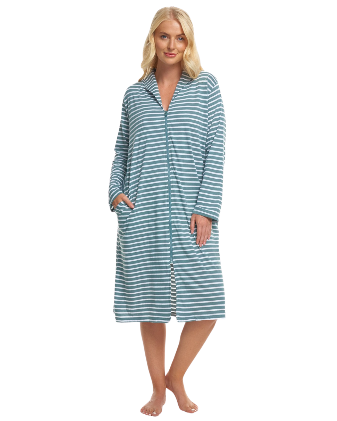 Women's 100% Cotton Lightweight Stripe Zip Dressing Gown with Side Pockets