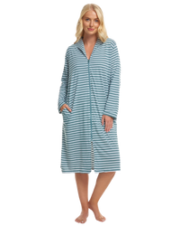 Women's 100% Cotton Lightweight Stripe Zip Dressing Gown with Side Pockets