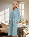 Women's 100% Cotton Lightweight Stripe Zip Dressing Gown with Side Pockets