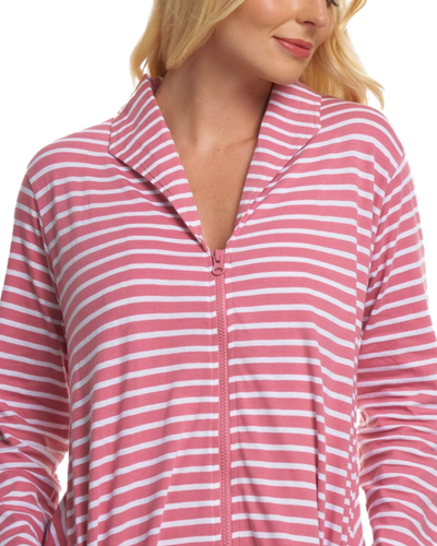 Women's 100% Cotton Lightweight Stripe Zip Dressing Gown with Side Pockets