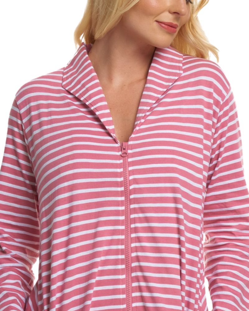 Women's 100% Cotton Lightweight Stripe Zip Dressing Gown with Side Pockets