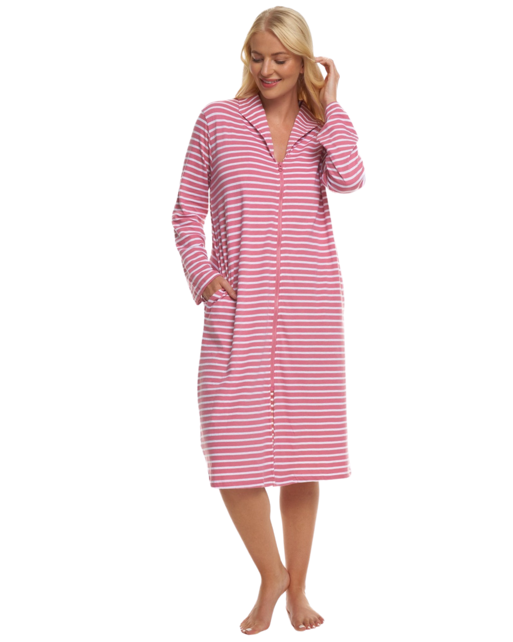Women's 100% Cotton Lightweight Stripe Zip Dressing Gown with Side Poc ...