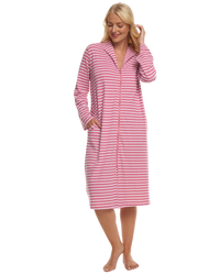 Women's 100% Cotton Lightweight Stripe Zip Dressing Gown with Side Pockets