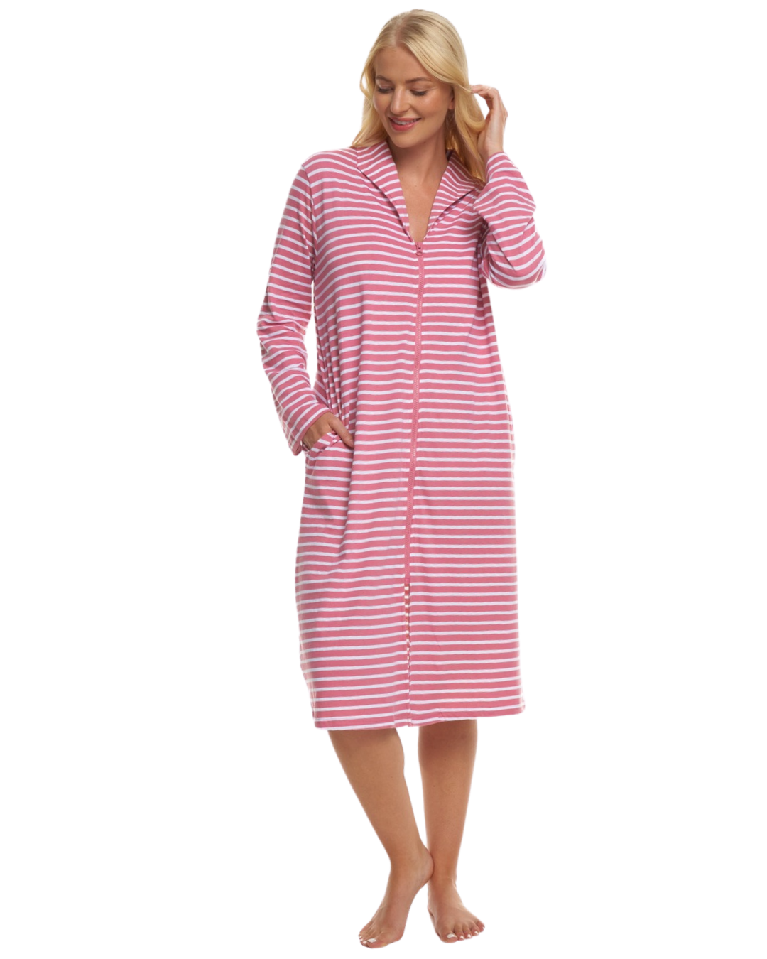 Women's 100% Cotton Lightweight Stripe Zip Dressing Gown with Side Pockets