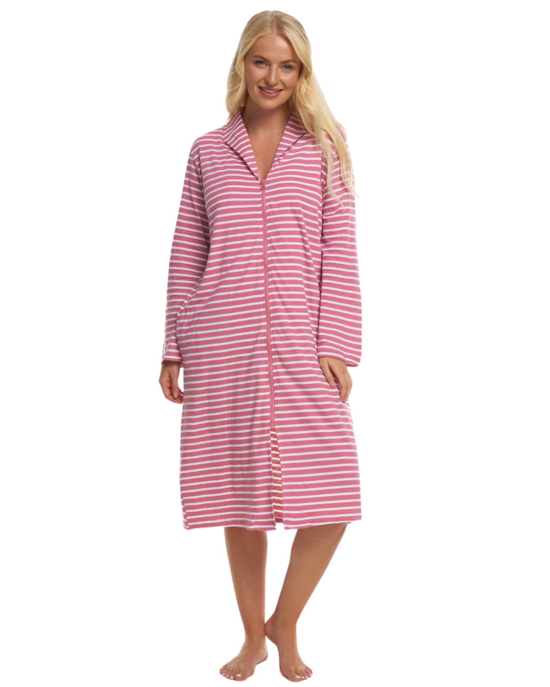 Women's 100% Cotton Lightweight Stripe Zip Dressing Gown with Side Pockets
