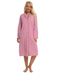 Women's 100% Cotton Lightweight Stripe Zip Dressing Gown with Side Pockets