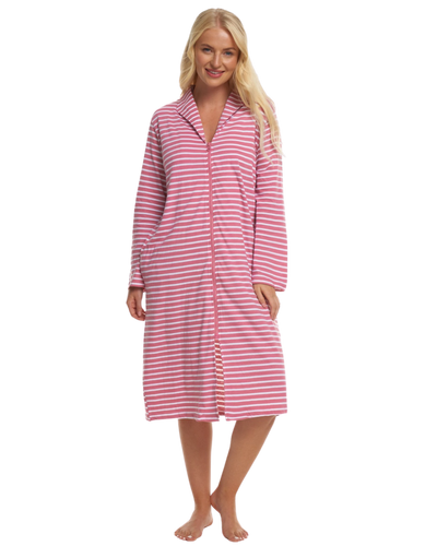 Women's 100% Cotton Lightweight Stripe Zip Dressing Gown with Side Pockets