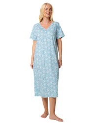 Ladies Long Length 100% Cotton Duck Egg Lily Nightdress
