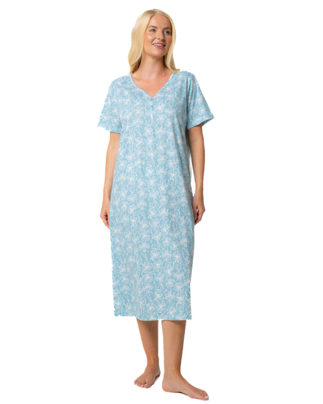Ladies Long Length 100% Cotton Duck Egg Lily Nightdress