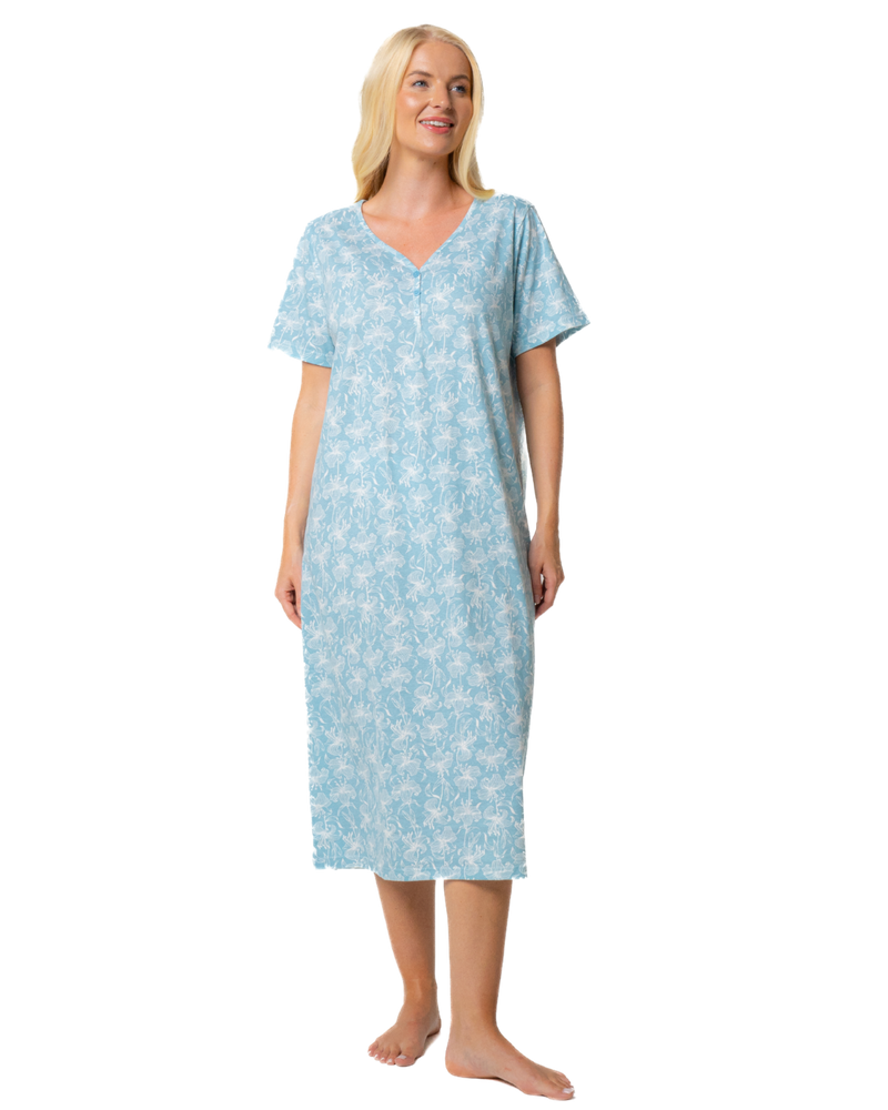 Ladies Long Length 100% Cotton Duck Egg Lily Nightdress
