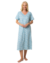 Ladies Long Length 100% Cotton Duck Egg Lily Nightdress