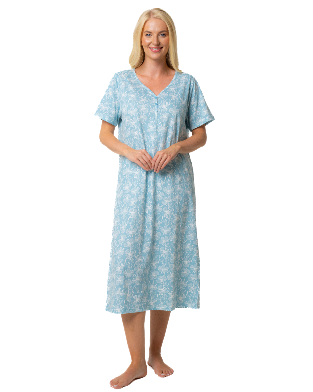 Ladies Long Length 100% Cotton Duck Egg Lily Nightdress