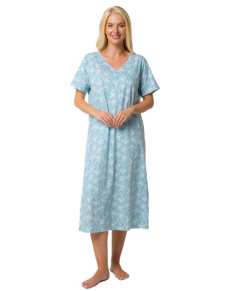Ladies Long Length 100% Cotton Duck Egg Lily Nightdress