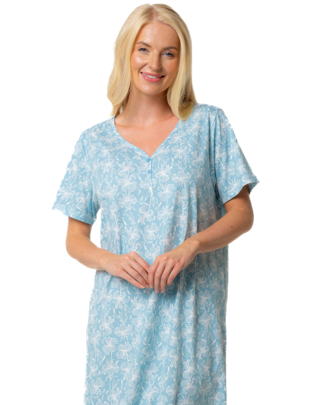 Ladies Long Length 100% Cotton Duck Egg Lily Nightdress