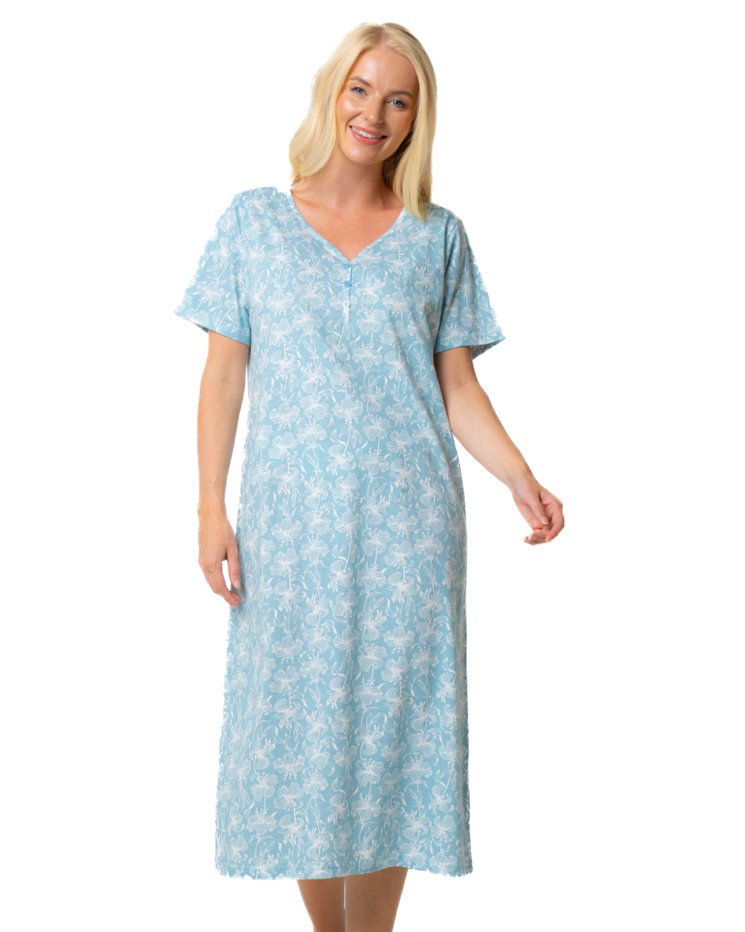 Ladies Long Length 100% Cotton Duck Egg Lily Nightdress