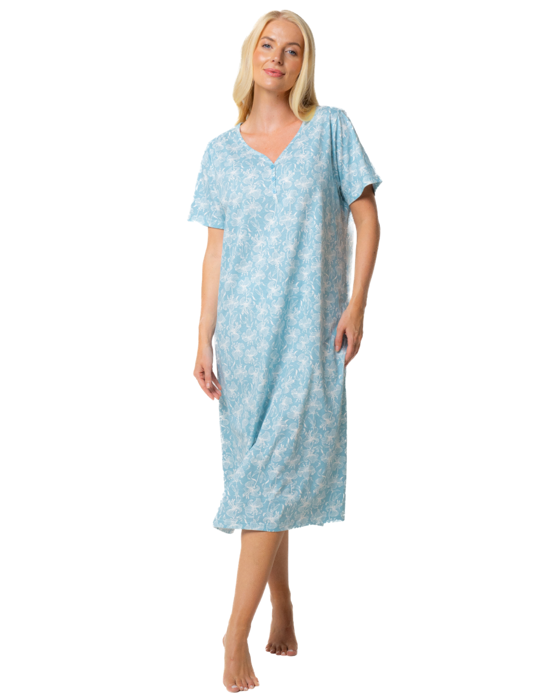 Ladies Long Length 100% Cotton Duck Egg Lily Nightdress
