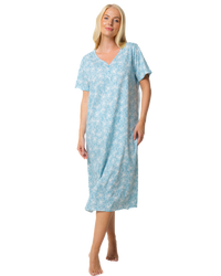 Ladies Long Length 100% Cotton Duck Egg Lily Nightdress